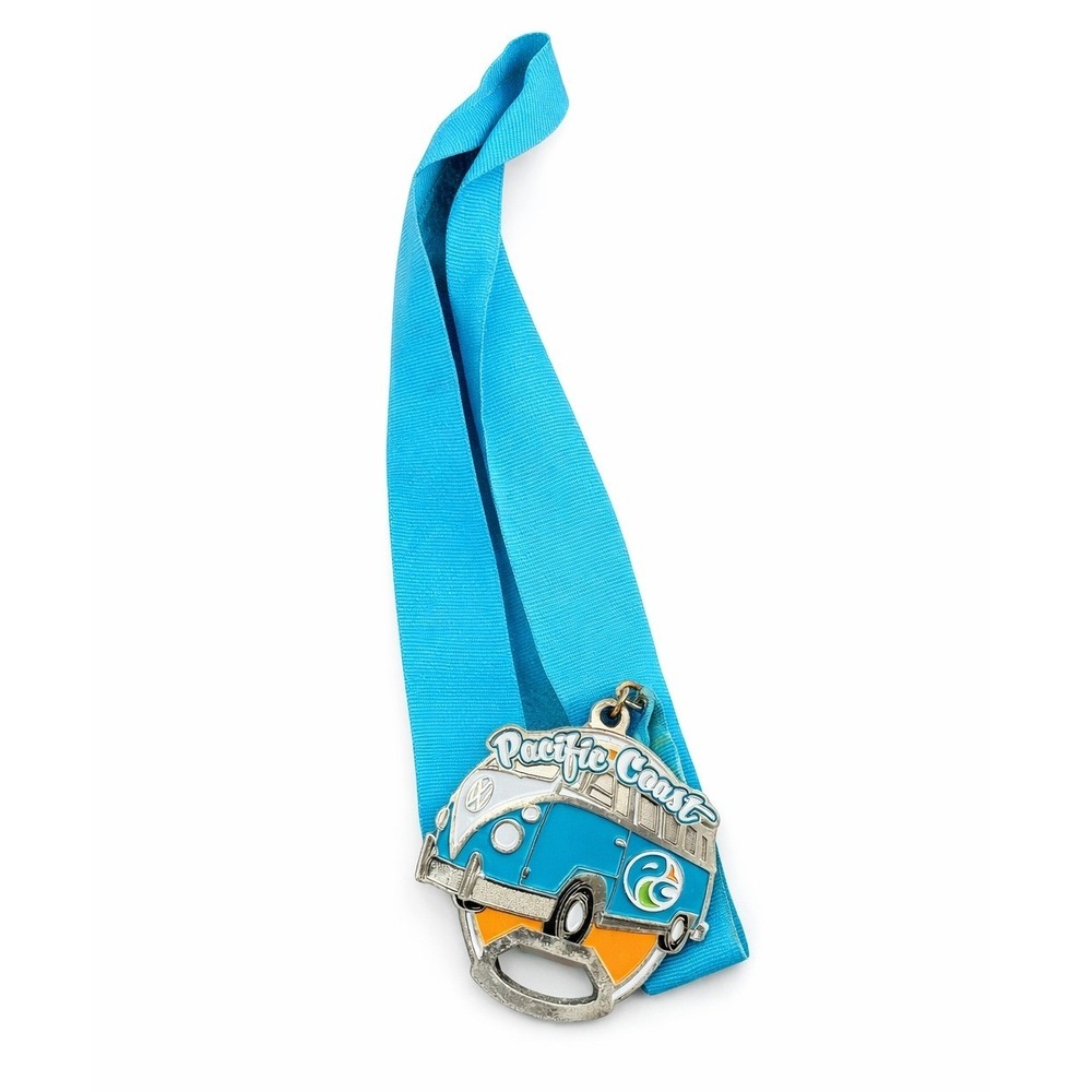 Pacific Coast Triathlon Duathlon 2017 Medal VW Bus Bottle Opener Blue Ribbon